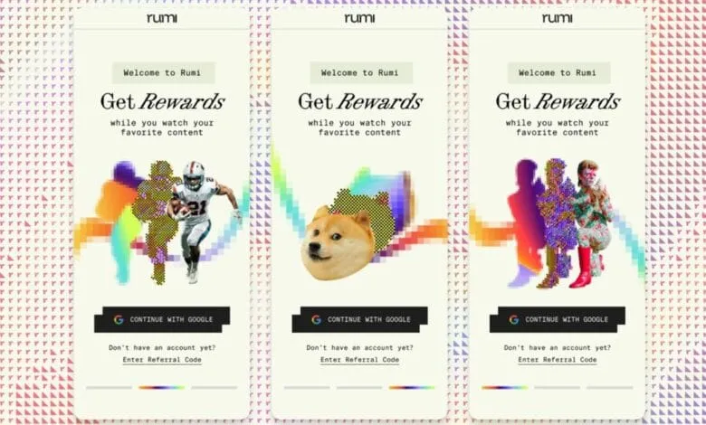 Three Rumi app signup screens showing rewards for watching content, featuring pixelated images of a football player, Doge meme, and David Bowie.