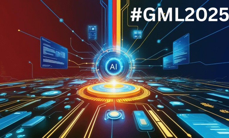 Abstract AI tech graphic; glowing circuit board with data streams, AI symbol, and #GML2025.