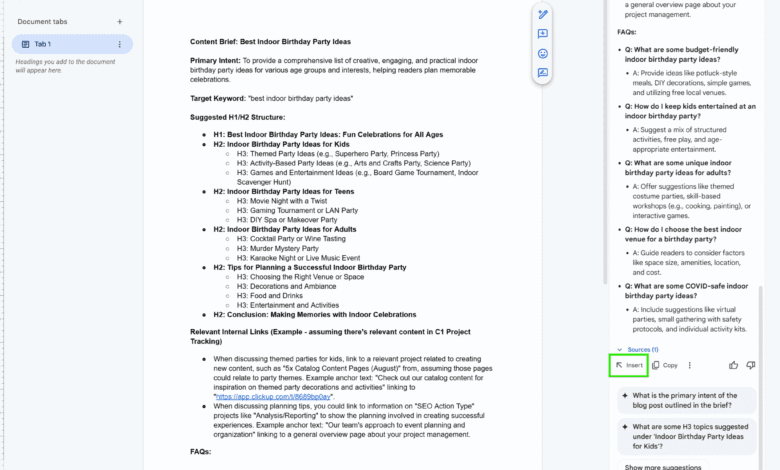 Google Doc outlining content for a blog post about indoor birthday party ideas, categorized by age group and including FAQs.