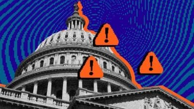 US Capitol building with pixelated warning signs overlaid, suggesting online safety concerns for children.