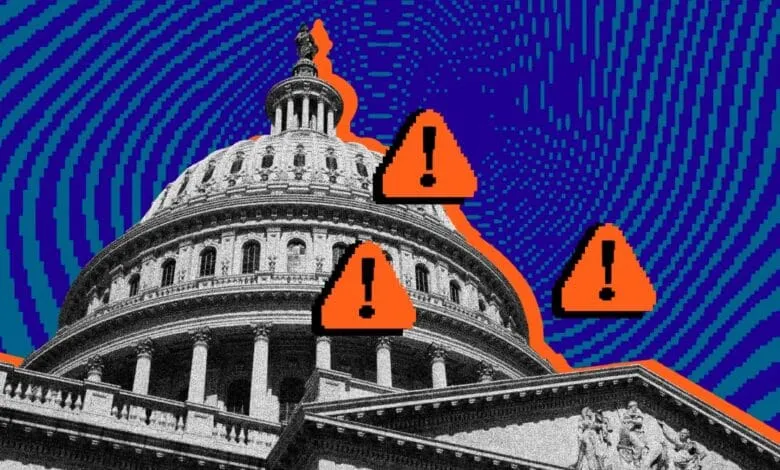 US Capitol building with pixelated warning signs overlaid, suggesting online safety concerns for children.