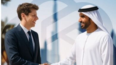 Sam Altman, CEO of OpenAI, shakes hands with Crown Prince of Dubai Sheikh Hamdan