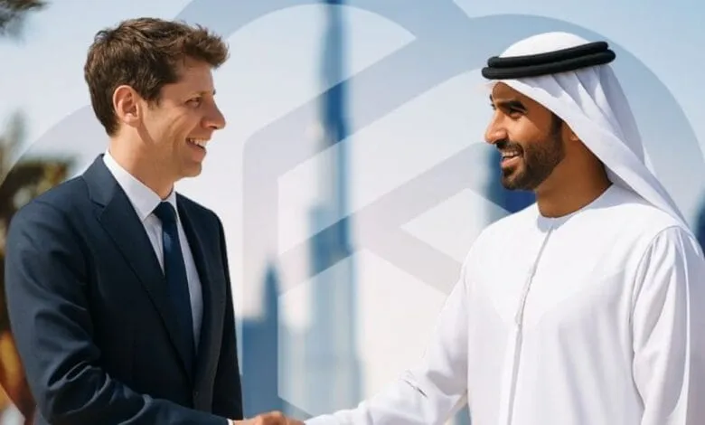 Sam Altman, CEO of OpenAI, shakes hands with Crown Prince of Dubai Sheikh Hamdan