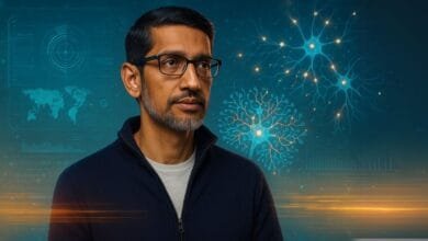 Sundar Pichai, CEO of Google, is shown against a backdrop of neural networks and futuristic data visualizations.