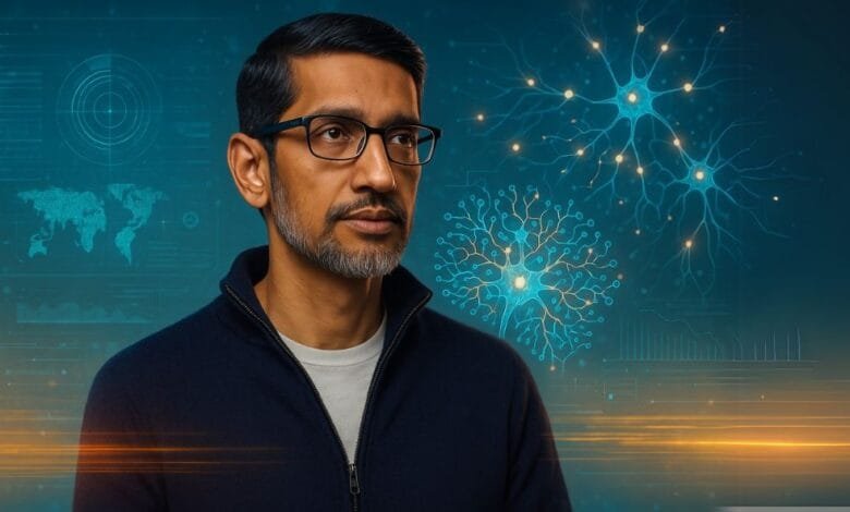 Sundar Pichai, CEO of Google, is shown against a backdrop of neural networks and futuristic data visualizations.