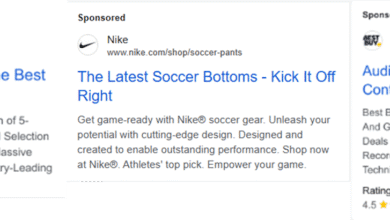 Three Google Ads showcasing Sweetwater's bass guitars, Nike's soccer pants, and Best Buy's turntables with contactless pickup.