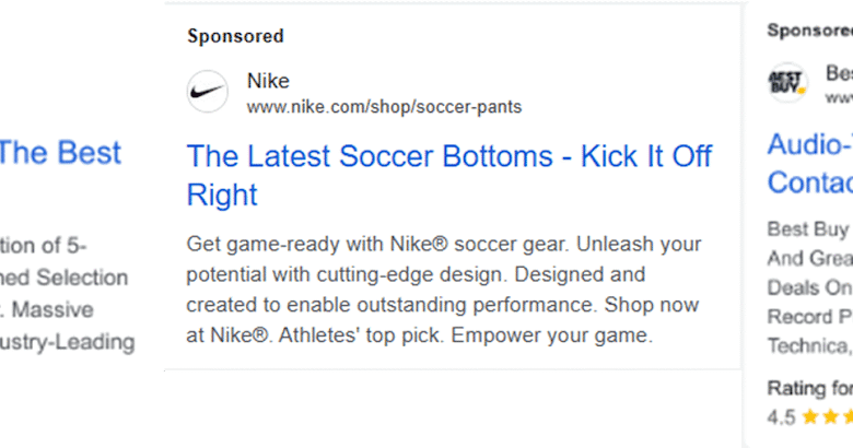 Three Google Ads showcasing Sweetwater's bass guitars, Nike's soccer pants, and Best Buy's turntables with contactless pickup.
