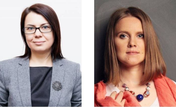 Headshots of Tatyana Marynich and Anastasiya Khamiankova. Tatyana wears a gray blazer and glasses; Anastasiya wears a coral scarf and necklace.
