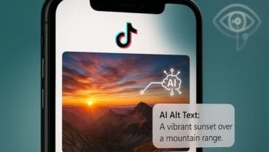 TikTok displays AI-generated alt text for a vibrant sunset over mountains.