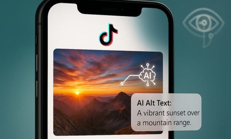 TikTok displays AI-generated alt text for a vibrant sunset over mountains.
