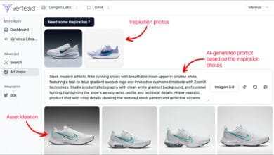 AI-generated product description for white Nike running shoes with teal accents, shown in a digital asset management system.