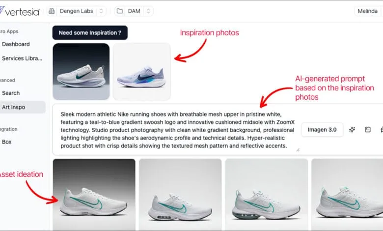 AI-generated product description for white Nike running shoes with teal accents, shown in a digital asset management system.