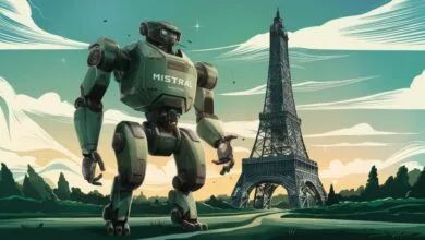 Large green robot, named Mistral, stands near the Eiffel Tower in Paris under a pastel sky.