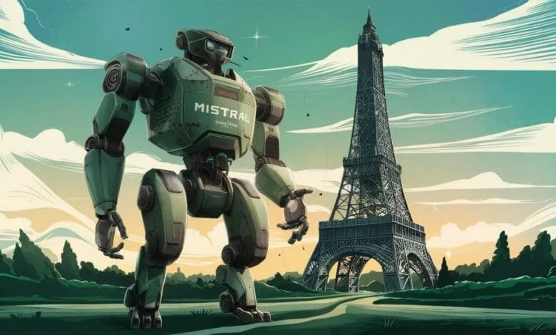 Large green robot, named Mistral, stands near the Eiffel Tower in Paris under a pastel sky.