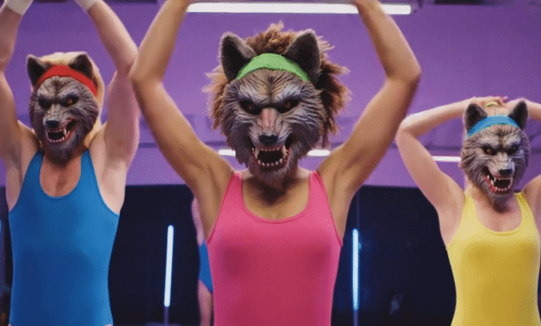 Three people in wolf masks perform a synchronized fitness routine in a purple-lit gym, wearing vibrant 80s-style leotards.