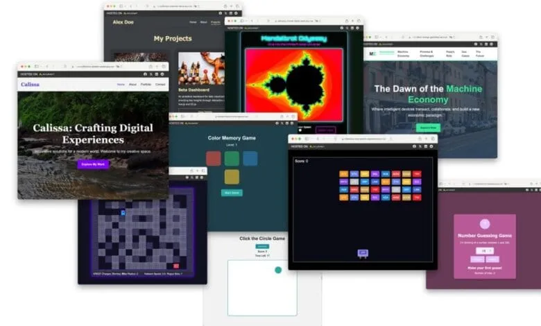 A collage of web browser windows showcasing various digital projects, including games and interactive experiences, with a dark color scheme.