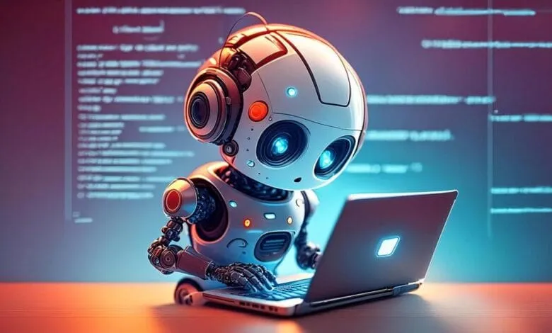 A cute robot with headphones uses a laptop, lines of code glow behind it.