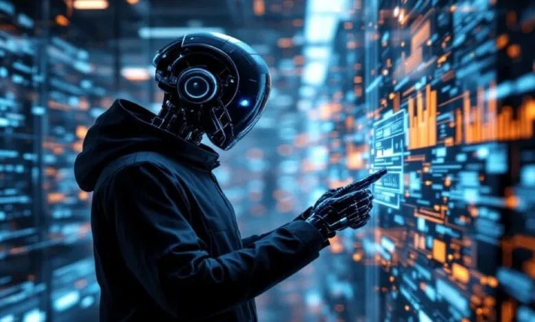 A robotic figure in a dark hooded jacket interacts with a futuristic digital interface filled with glowing blue and orange data streams.