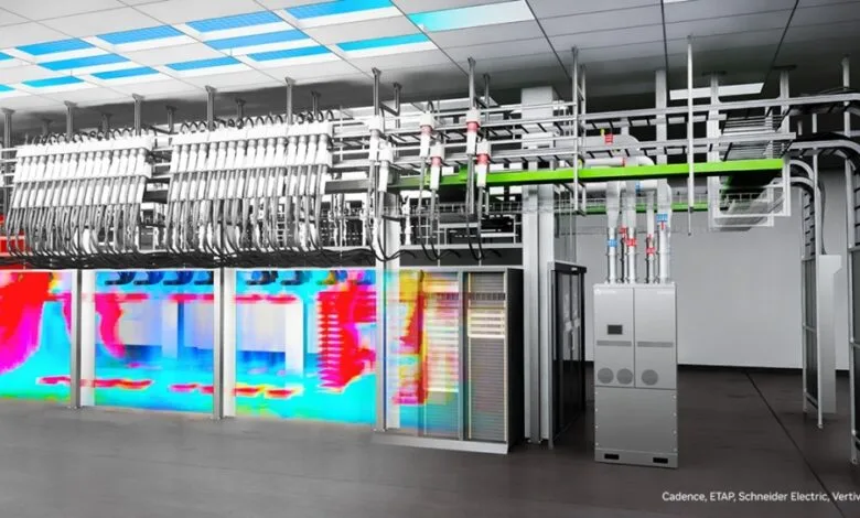 Thermal imaging of a data center's cooling system, showcasing intricate piping and server racks. Modern technology and efficient cooling are highlighted.