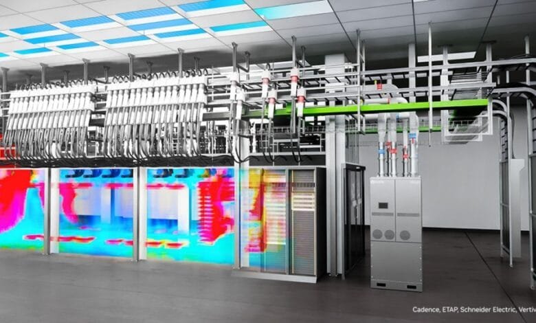 Thermal imaging of a data center's complex server infrastructure, showing heat distribution and cabling.