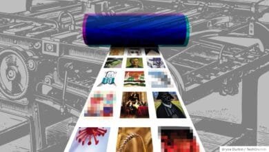 AI-generated images feed through a vintage printing press, symbolizing the impact of AI on content creation.