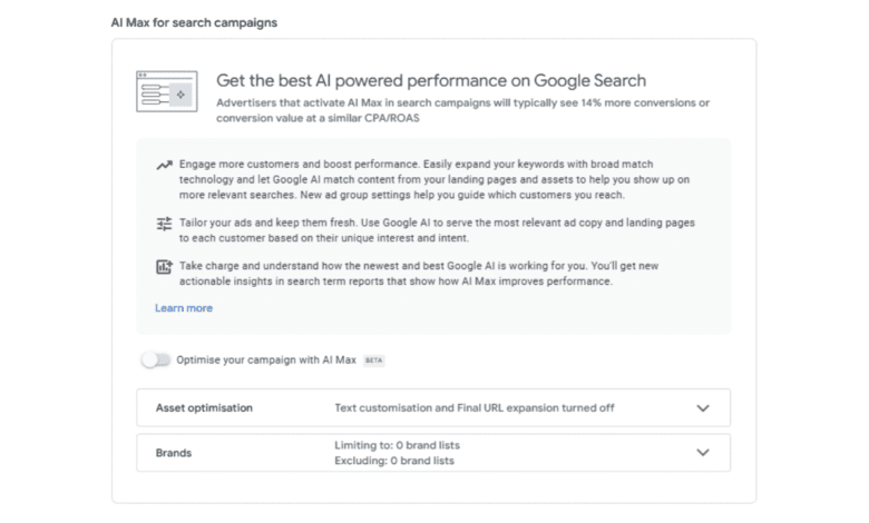 Screenshot of Google Ads interface showing AI Max features for search campaigns, promising 14% more conversions.