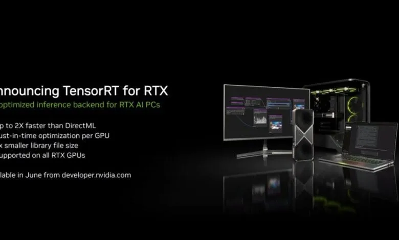 Announcement graphic for TensorRT for RTX AI PCs, showcasing a sleek PC setup with a monitor displaying code and key performance improvements.