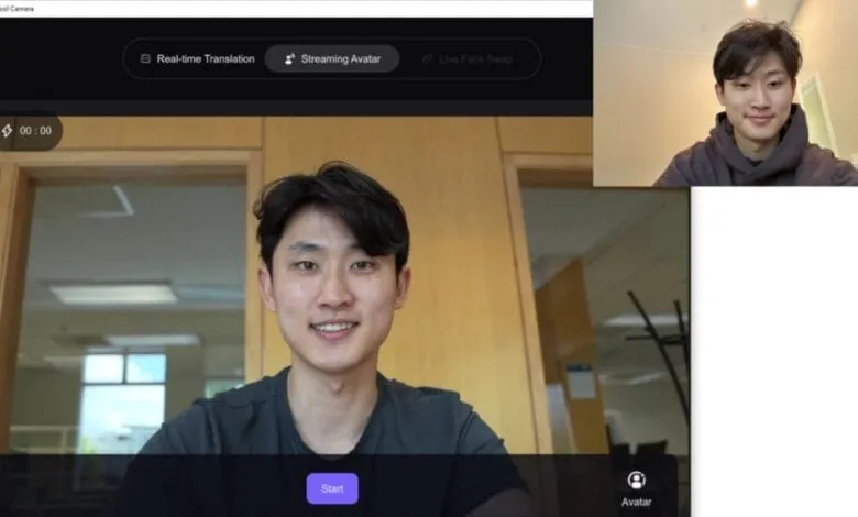 A split-screen video call shows a person in a dark gray shirt in a brightly lit office, and a smaller video of the same person in a dark hoodie.