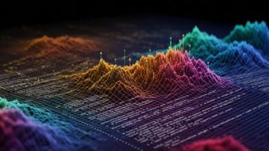 Abstract 3D data visualization: colorful peaks and valleys rise from a gridded surface of code, suggesting data analysis or software development.