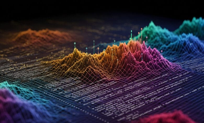 Abstract 3D data visualization: colorful peaks and valleys rise from a gridded surface of code, suggesting data analysis or software development.