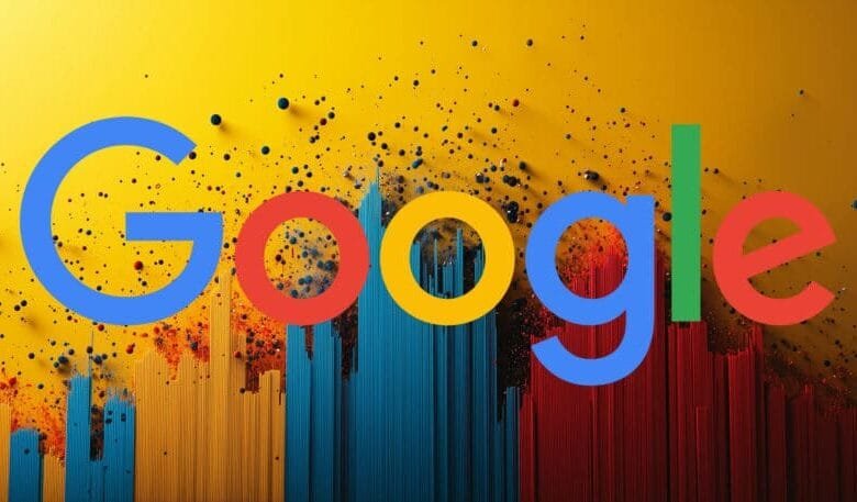 Google logo in its signature colors on a yellow background with colorful vertical lines and scattered dots.