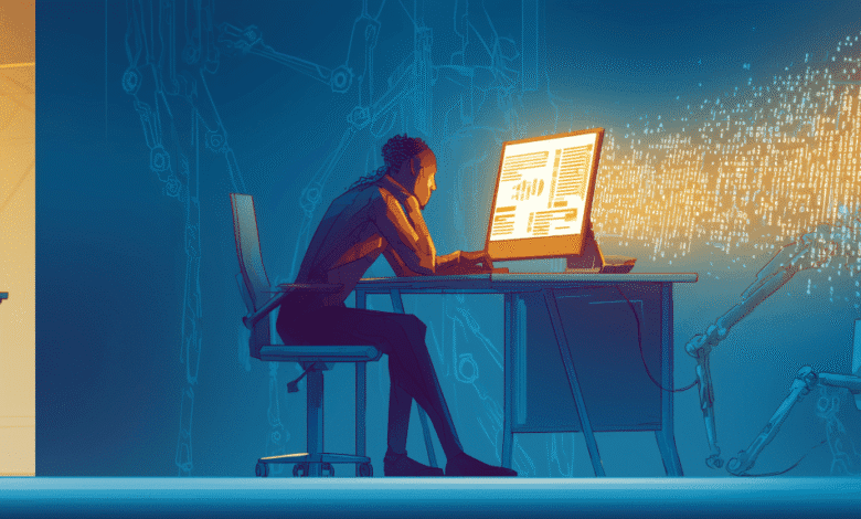 Person sits at desk working on computer, robotic arms and code stream from screen.