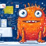 Friendly orange monster sits at a computer, surrounded by colorful code and data visualizations. A fun, hand-drawn illustration.