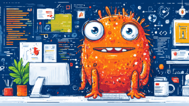 Friendly orange monster sits at a computer, surrounded by colorful code and data visualizations. A fun, hand-drawn illustration.