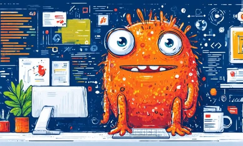 Friendly orange monster sits at a computer, surrounded by colorful code and data visualizations. A fun, hand-drawn illustration.
