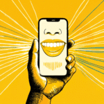 A hand holds a smartphone displaying a smiling mouth; radiating lines emanate from the phone against a yellow background.