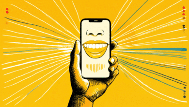 A hand holds a smartphone displaying a smiling mouth; radiating lines emanate from the phone against a yellow background.