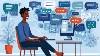A smiling person sits at a desk, working on a computer surrounded by colorful speech bubbles representing online communication.