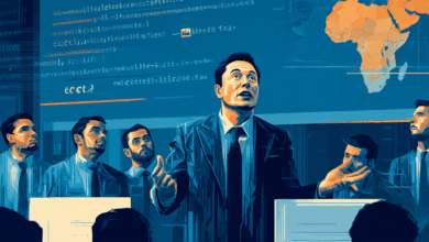 Stylized illustration of Elon Musk addressing a team, code and a map of Africa projected behind them.
