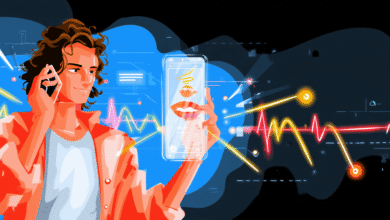 Person on phone, holding a smartphone displaying lip animation, surrounded by vibrant tech elements.