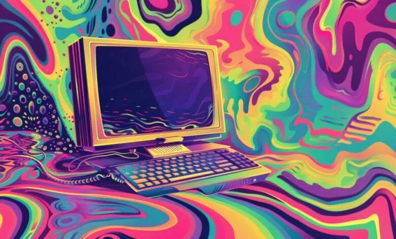 Retro computer with vibrant, swirling colors in the background. A nostalgic digital art piece.