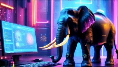 A futuristic, dark-colored elephant stands near a computer displaying data visualizations in a neon-lit room.
