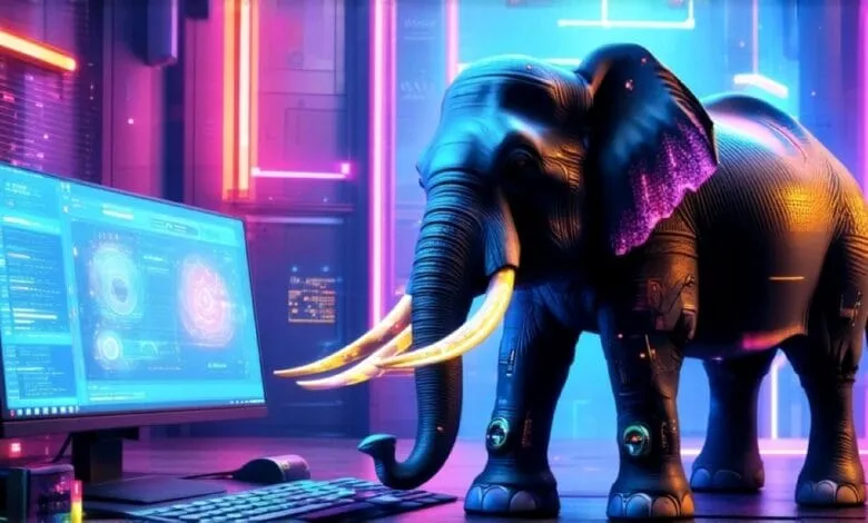 A futuristic, dark-colored elephant stands near a computer displaying data visualizations in a neon-lit room.