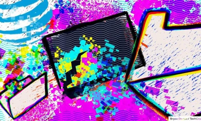 Abstract digital art featuring vibrant colors, glitch effects, and geometric shapes. A chaotic yet energetic composition.