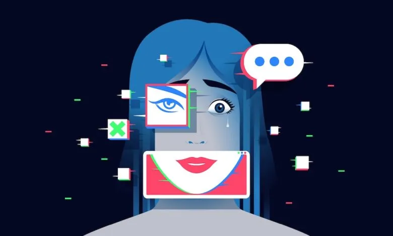 Stylized illustration of a woman's face digitally manipulated with glitches, symbolizing deepfake dangers and online harassment.