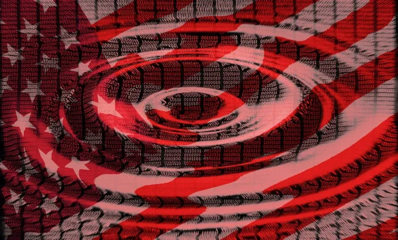 Abstract digital art depicting a ripple effect in binary code, overlaid with a stylized US flag.