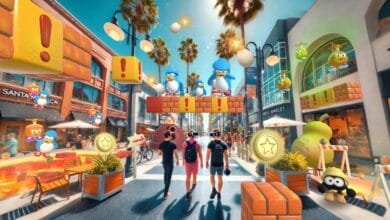 Three people wearing VR headsets walk down a sunny street overlaid with a playful, pixelated game environment featuring penguins and power-ups.