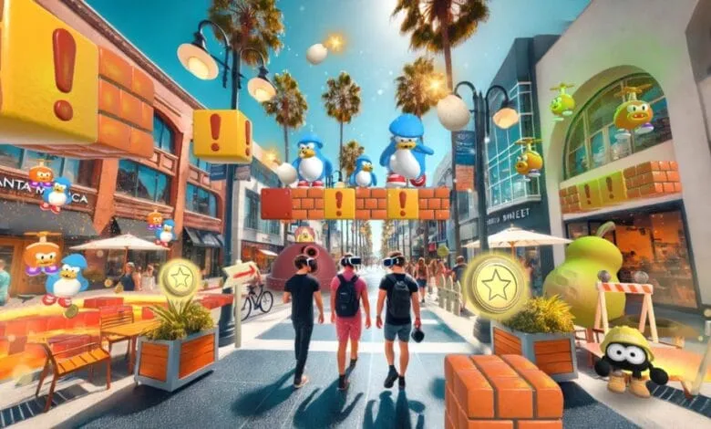 Three people wearing VR headsets walk down a sunny street overlaid with a playful, pixelated game environment featuring penguins and power-ups.