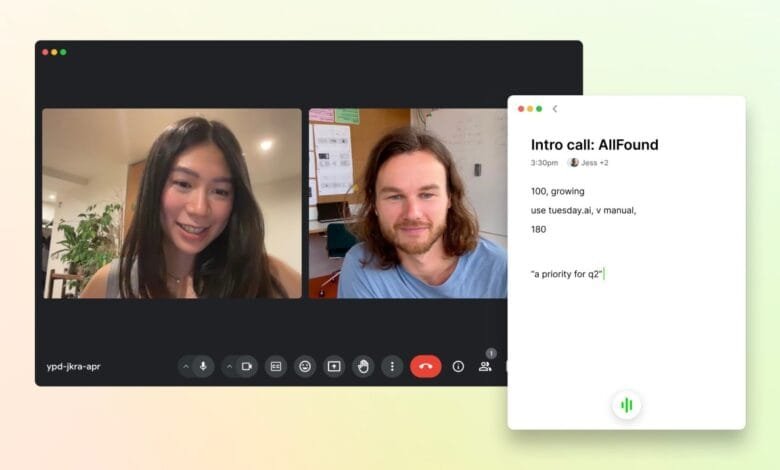 Video call screenshot showing a woman and man in a virtual meeting; meeting notes on growth metrics and Q2 plans are visible.