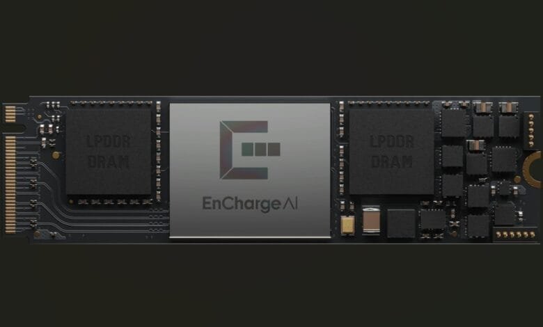 Close-up of an EnChargeAI solid-state drive (SSD) showcasing its components and LPDDR DRAM.